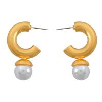 Tibetan Style Stud Earring, with Plastic Pearl, fashion jewelry & for woman, golden, nickel, lead & cadmium free, 38x28mm, Sold By Pair