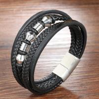 PU leder koord armbanden, met 304 roestvrij staal, mode sieraden & multilayer & uniseks, zwart, Lengte Ca 8.27 inch, Verkocht door PC