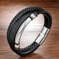 PU Leather Cord Bracelets with 304 Stainless Steel three layers & fashion jewelry & Unisex black Length Approx 8.27 Inch Sold By PC
