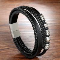 PU Cord Armband, med 304 rostfritt stål, mode smycken & flerskikts & Unisex, svart, Längd Ca 8.27 inch, Säljs av PC