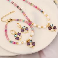 304 Stainless Steel Jewelry Set with Natural Stone & Plastic Pearl & Brass Flower gold color plated & for woman & enamel & with rhinestone Sold By PC