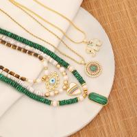 Brass Necklace, with Malachite & Tiger Eye & Shell & Plastic Pearl, with 2inch extender chain, gold color plated, different styles for choice & micro pave cubic zirconia & for woman, Length:Approx 15.7 Inch, Sold By PC