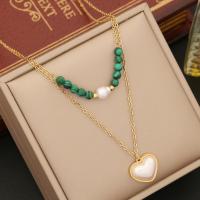 304 Stainless Steel Necklace, with Malachite & Plastic Pearl, with 2inch extender chain, gold color plated, Double Layer & oval chain & different styles for choice & for woman & with rhinestone, Length:Approx 15.7 Inch, Sold By PC
