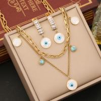 304 Stainless Steel Jewelry Set with turquoise & Shell Evil Eye gold color plated Double Layer & micro pave cubic zirconia & for woman Sold By PC