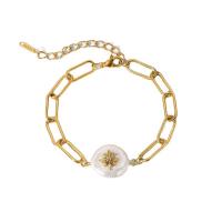 304 Stainless Steel Bracelet, with Freshwater Pearl, with 2inch extender chain, Eight Point Star, gold color plated, for woman & with rhinestone, 17x7.50x1.60mm, Length:Approx 7.5 Inch, Sold By PC