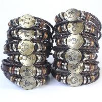 Cowhide Bracelet, Full Grain Cowhide Leather, with Wax Cord & Wood & Tibetan Style, 12 Signs of the Zodiac, handmade, three layers & fashion jewelry & different styles for choice & for woman, brown, 60mm, Length:22 cm, Sold By PC