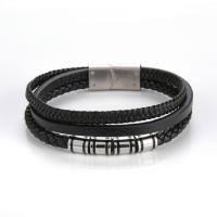 Bracelets cordon PU, cuir PU, avec acier inoxydable 316L, fait à la main, trois couches & bijoux de mode & unisexe, noire, Longueur:20-22 cm, Vendu par PC