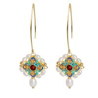 Brass Drop Earring, with Plastic Pearl, gold color plated, fashion jewelry & for woman & enamel, multi-colored, 65x21mm, Sold By Pair