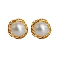 Brass Stud Earring with Freshwater Pearl gold color plated fashion jewelry & for woman two different colored 10mm Sold By Pair