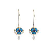 Brass Drop Earring with Freshwater Pearl gold color plated fashion jewelry & for woman & enamel multi-colored Sold By Pair