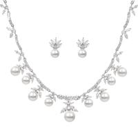 Tibetan Style Jewelry Sets, Stud Earring & necklace, with Plastic Pearl, platinum color plated, micro pave cubic zirconia & for woman, nickel, lead & cadmium free, 2.3cm,0.8x1.8cm, Length:41 cm, Sold By Set