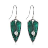 Tibetan Style Drop Earrings, with Plastic Pearl, Leaf, silver color plated, fashion jewelry & for woman & enamel, green, 12x33mm, Sold By Pair