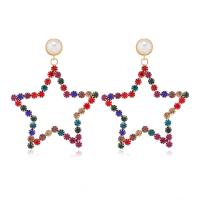 Boucles d'oreilles en alliage de zinc, avec perle de plastique, étoile, Placage de couleur d'or, bijoux de mode & pour femme & avec strass, multicolore, 65x87mm, Vendu par paire