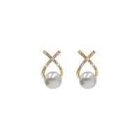 Cubic Zirconia Micro Pave Brass Earring with Plastic Pearl gold color plated fashion jewelry & micro pave cubic zirconia & for woman white Approx 4mm Sold By Pair