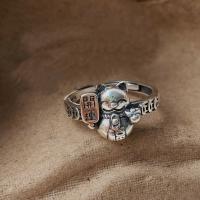 925 de prata esterlina Cuff Ring Finger, Gato da fortuna, banho de cor prata antiga, joias de moda & ajustável & para mulher, Buraco:Aprox 1.5mm, tamanho:7, vendido por PC