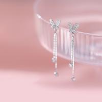 925 Sterling Silver Tassel Earring, Butterfly, platinum plated, fashion jewelry & micro pave cubic zirconia & for woman, 7.7x8.2mm, Hole:Approx 1mm, Sold By Pair