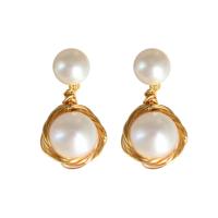 Freshwater Pearl Earrings, Brass, with Freshwater Pearl, 14K gold plated, fashion jewelry & for woman, two different colored, 21x12mm, Sold By Pair