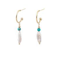 Zinc Alloy Drop Earrings with turquoise & Freshwater Pearl gold color plated fashion jewelry & for woman two different colored Sold By Pair