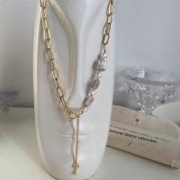 Freshwater Pearl Brass Chain Necklace, cobre, with Pérolas de água doce, with 7cm extender chain, Banhado a ouro 14K, joias de moda & para mulher, dois diferentes cores, comprimento 44 cm, vendido por PC