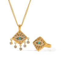 Evil Eye Jewelry Set 304 Stainless Steel with Malachite with 2.17inch extender chain 18K gold plated  & for woman & with cubic zirconia golden 30.5mm 16.6mm Length Approx 16.34 Inch Sold By PC