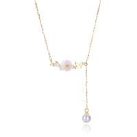 925 Sterling Silver Necklace with Shell Pearl & White Shell with 1.2inch extender chain Flower plated oval chain & micro pave cubic zirconia & for woman 25.30mm Length Approx 16.5 Inch Sold By PC