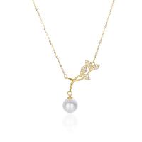 925 Sterling Silver Necklace, with Shell Pearl, with 2inch extender chain, Mermaid tail, plated, oval chain & micro pave cubic zirconia & for woman, more colors for choice, 19.50x17.90mm, Length:Approx 15.7 Inch, Sold By PC
