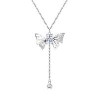 925 Sterling Silver Necklace, with 2inch extender chain, Butterfly, platinum plated, cross chain & fashion jewelry & micro pave cubic zirconia & for woman, 20.8x24.7mm, Length:Approx 15.7 Inch, Sold By PC