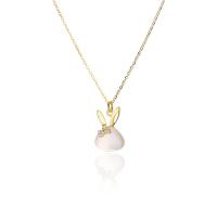 925 Sterling Silver Necklace, with White Chalcedony, with 1.2inch extender chain, Rabbit, plated, oval chain & micro pave cubic zirconia & for woman, more colors for choice, 9.5x14mm, Length:Approx 15.4 Inch, Sold By PC