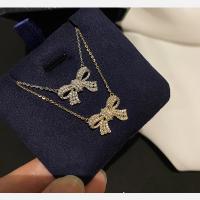 925 Sterling Silver Necklace Bowknot plated fashion jewelry & oval chain & for woman & with rhinestone Length Approx 15.7 Inch Sold By PC