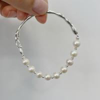 925 Sterling Silver Bracelet, with Freshwater Pearl, silver color plated, fashion jewelry & for woman, Length:Approx 6.1 Inch, Sold By PC