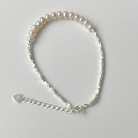 Argent sterling 925 bracelet, avec perle d'eau douce cultivée, avec 1.2inch chaînes de rallonge, Placage de couleur argentée, bijoux de mode & pour femme, Longueur:Environ 6.3 pouce, Vendu par PC