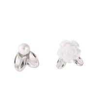 925 Sterling Silver Asymmetric Stud Earrings, with Shell Pearl & Acrylic, Flower, silver color plated, fashion jewelry & for woman, 5.4x6.5mm, 8x6.1mm, Sold By Pair