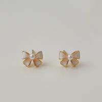 925 Sterling Silver Stud Earring, with Plastic Pearl, Bowknot, gold color plated, for woman & epoxy gel, 7.1x5.4mm, Sold By Pair