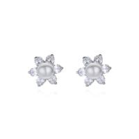 Cubic Zirconia Micro Pave Sterling Silver Earring, 925 Sterling Silver, with Freshwater Pearl, Flower, silver color plated, fashion jewelry & micro pave cubic zirconia & for woman, 7.50mm, Sold By Pair