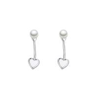 925 Sterling Silver Split Earring, with Shell Pearl, Heart, platinum plated, for woman & enamel, 5.4x5mm, Sold By Pair
