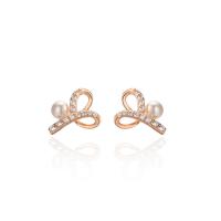925 Sterling Silver Stud Earring, with Shell Pearl, Bowknot, plated, fashion jewelry & micro pave cubic zirconia & for woman, more colors for choice, 11.6x9.5mm, Sold By Pair