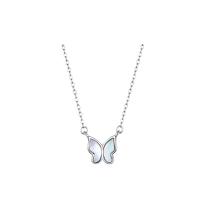 925 Sterling Silver Necklace, with Shell, with 2inch extender chain, Butterfly, platinum plated, cross chain & for woman, 10x9mm, Length:Approx 15.7 Inch, Sold By PC