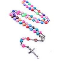 Rosary Necklace, Polymer Clay, with Tibetan Style, Cross, silver color plated, fashion jewelry & Unisex & pearlized, multi-colored, 8mm,32x55mm,21x15mm, Length:Approx 78 cm, Sold By PC