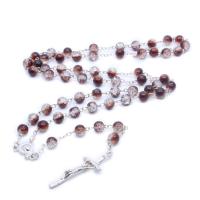 Rosary Necklace Glass Beads with Zinc Alloy Cross silver color plated fashion jewelry & Unisex & pearlized coffee color 8mm  Length Approx 80 cm Sold By PC