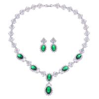 Tibetan Style Jewelry Sets, earring & necklace, platinum color plated, micro pave cubic zirconia & for woman, green, nickel, lead & cadmium free, 4.1cm,3cm, Length:44.5 cm, Sold By Set