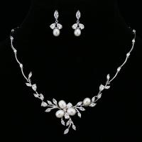 Zinc Alloy Jewelry Sets earring & necklace with Plastic Pearl platinum color plated micro pave cubic zirconia & for woman nickel lead & cadmium free 4cm 3cm Length 43.5 cm Sold By Set