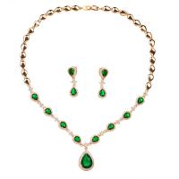 Комплекты украшений из цинкового сплава, серьги & ожерелье, цинковый сплав, Каплевидная форма, плакирован золотом, инкрустированное микро кубического циркония & Женский, зеленый, не содержит никель, свинец, 1.7x3cm,3.2cm, длина:42.6 см, продается указан