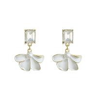 Tibetan Style Drop Earrings, with Plastic Pearl, Flower, gold color plated, fashion jewelry & micro pave cubic zirconia & for woman & enamel, white, 32x22mm, Sold By Pair