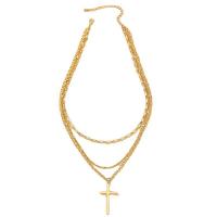 Mode-Multi-Layer-Halskette, Zinklegierung, mit Verlängerungskettchen von 7CM, Kreuz, goldfarben plattiert, drei Schichten & Modeschmuck & für Frau, Länge ca. 45 cm, verkauft von PC