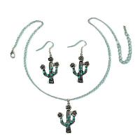 Conjuntos de joyería de aleación de zinc, pendiente & collar, con turquesa, con 7CM extender cadena, Opuntia Stricta, chapado en color de plata, para mujer, verde, 24x52mm, longitud:aproximado 37 cm, Vendido por Set