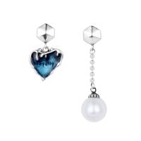 925 Sterling Silver Asymmetric Earrings, with Shell Pearl, Heart, platinum plated, fashion jewelry & for woman & epoxy gel, 11x18mm, 30mm, Sold By Pair