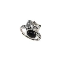 925 пробы Манжеты палец кольцо, с Черный агат, Fortune Cat, плакированный цветом под старое серебро, регулируемый & Женский, 14.7mm, размер:8, продается PC