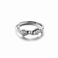 925 de prata esterlina Cuff Ring Finger, Peixe, banho de cor prata antiga, ajustável & para mulher, 5.5mm, tamanho:8, vendido por PC