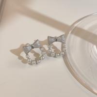 925er Sterling Silber Ohrstecker, mit Kunststoff Perlen, Schleife, platiniert, Modeschmuck & für Frau & Epoxy Aufkleber, 11.3x12.6mm, verkauft von Paar