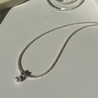 Argent sterling 925 collier, avec perle de verre, avec 2inch chaînes de rallonge, Plaqué de platine, bijoux de mode & pavé de micro zircon & pour femme, Longueur:Environ 15.7 pouce, Vendu par PC